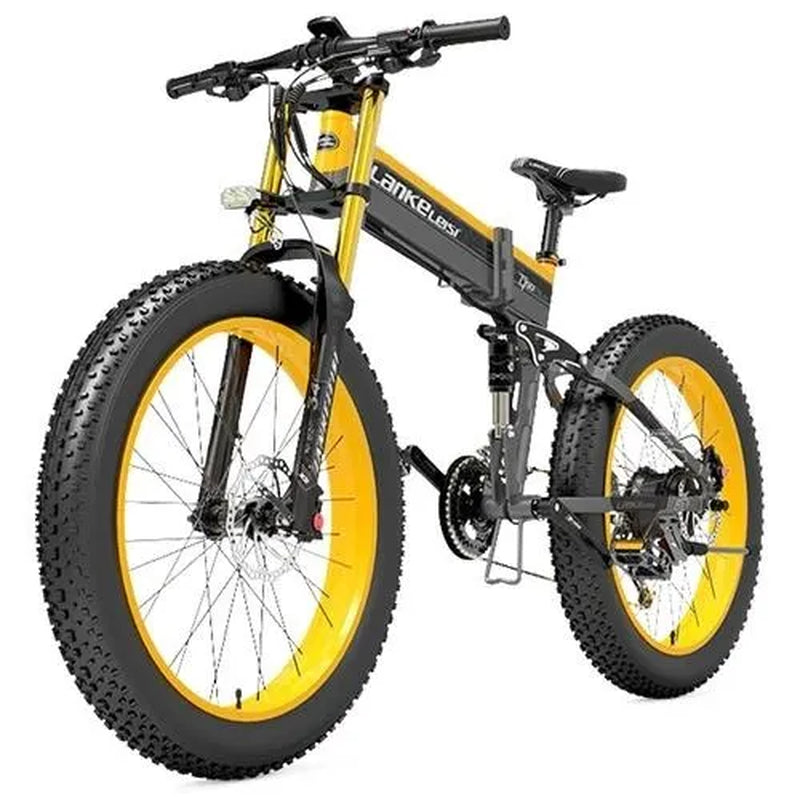 LANKELEISI T750 plus Big Fork Electric Bike 26*4.0 Inch Fat Tire 1000W Motor 40Km/H Max Speed 48V 17.5Ah Battery 100KM Range Shimano 27-Speed 180KG Max Load - Yellow