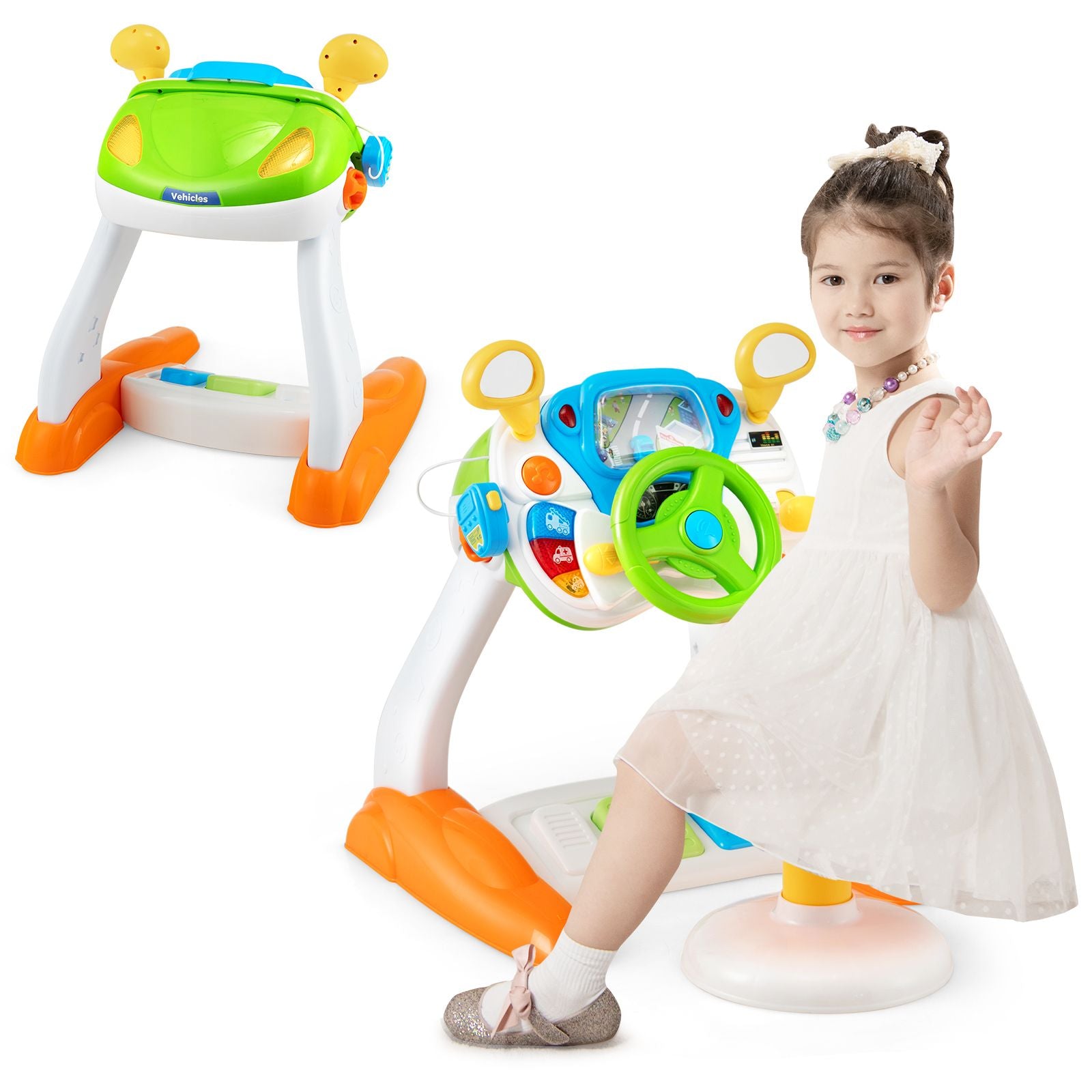 Kids Steering Wheel Toy and Stool with Cyclic Rotary Scene