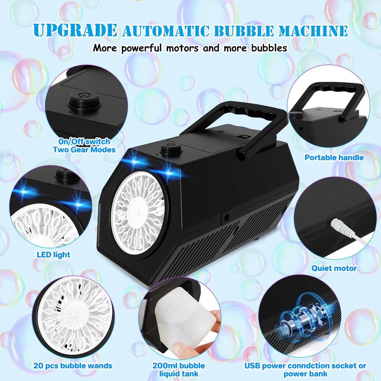 Upgrade Bubble Machine Automatic Bubble Blower with 2 Speed Levels