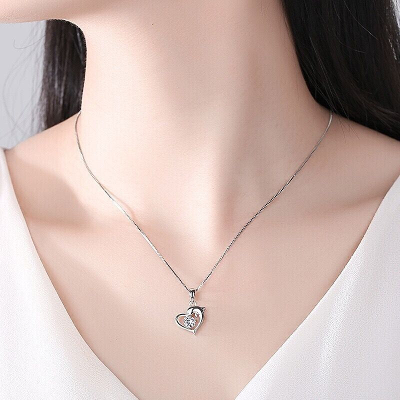 925 Sterling Silver Crystal Heart Dolphin Pendant Necklace Women Jewellery Gift