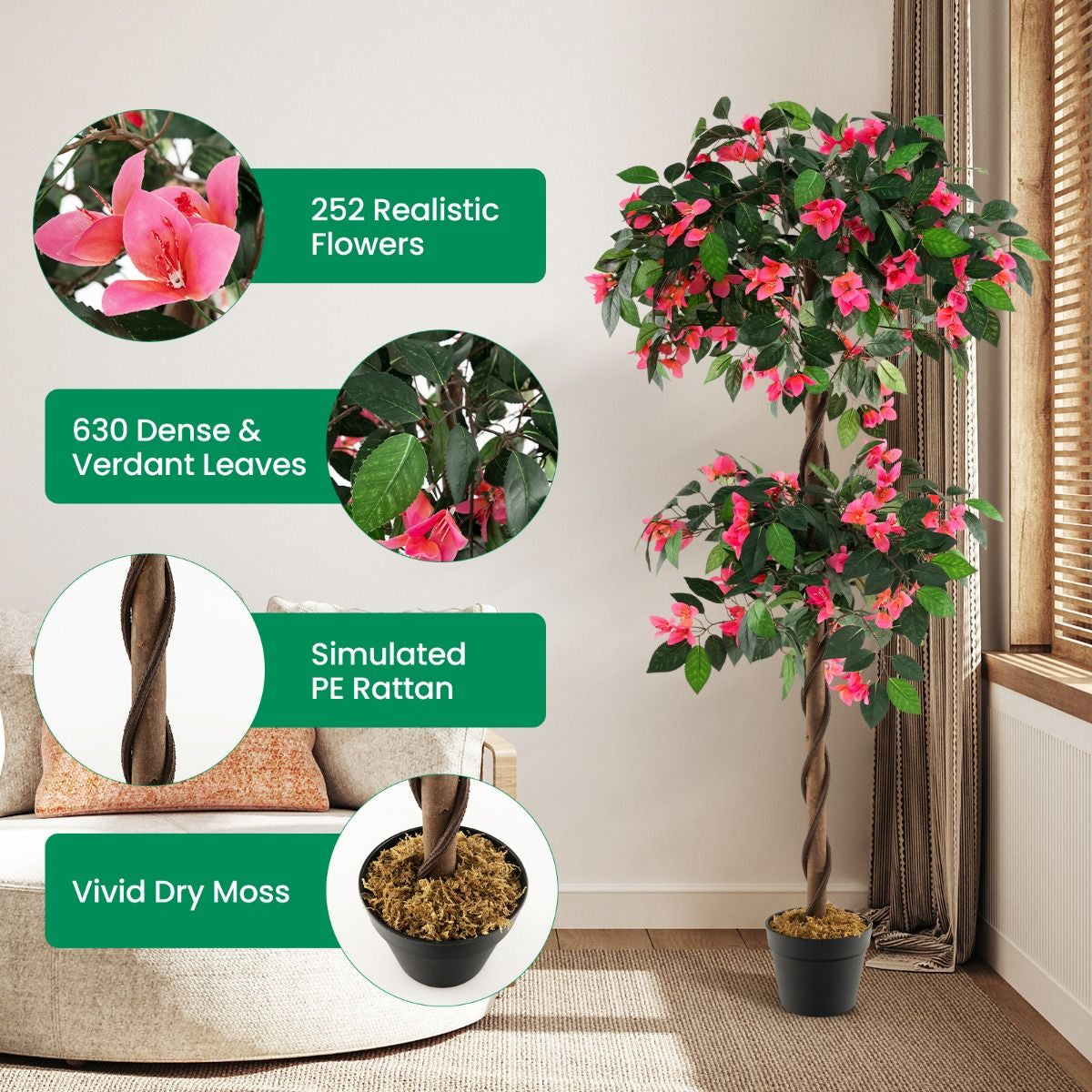 140 CM Artificial Bougainvillea Tree with 252 Flowers and 630 Leaves and Real Wood Trunk