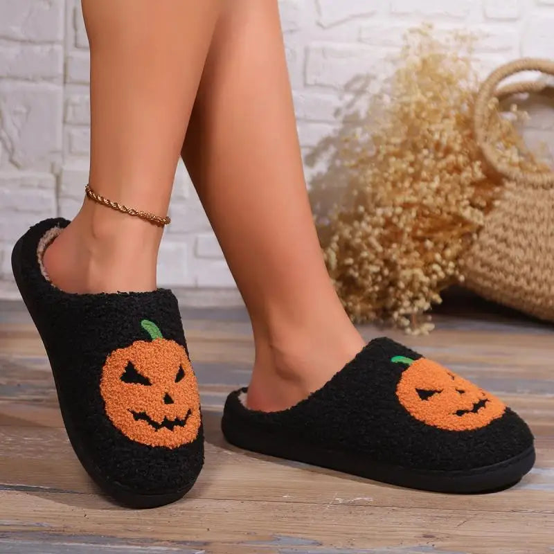 Cotton Fluffy Slippers Home Cartoon Pumpkin Platform Plush Slides Couple 2024 Funny Halloween Casual Designer Shoes Women Indoor