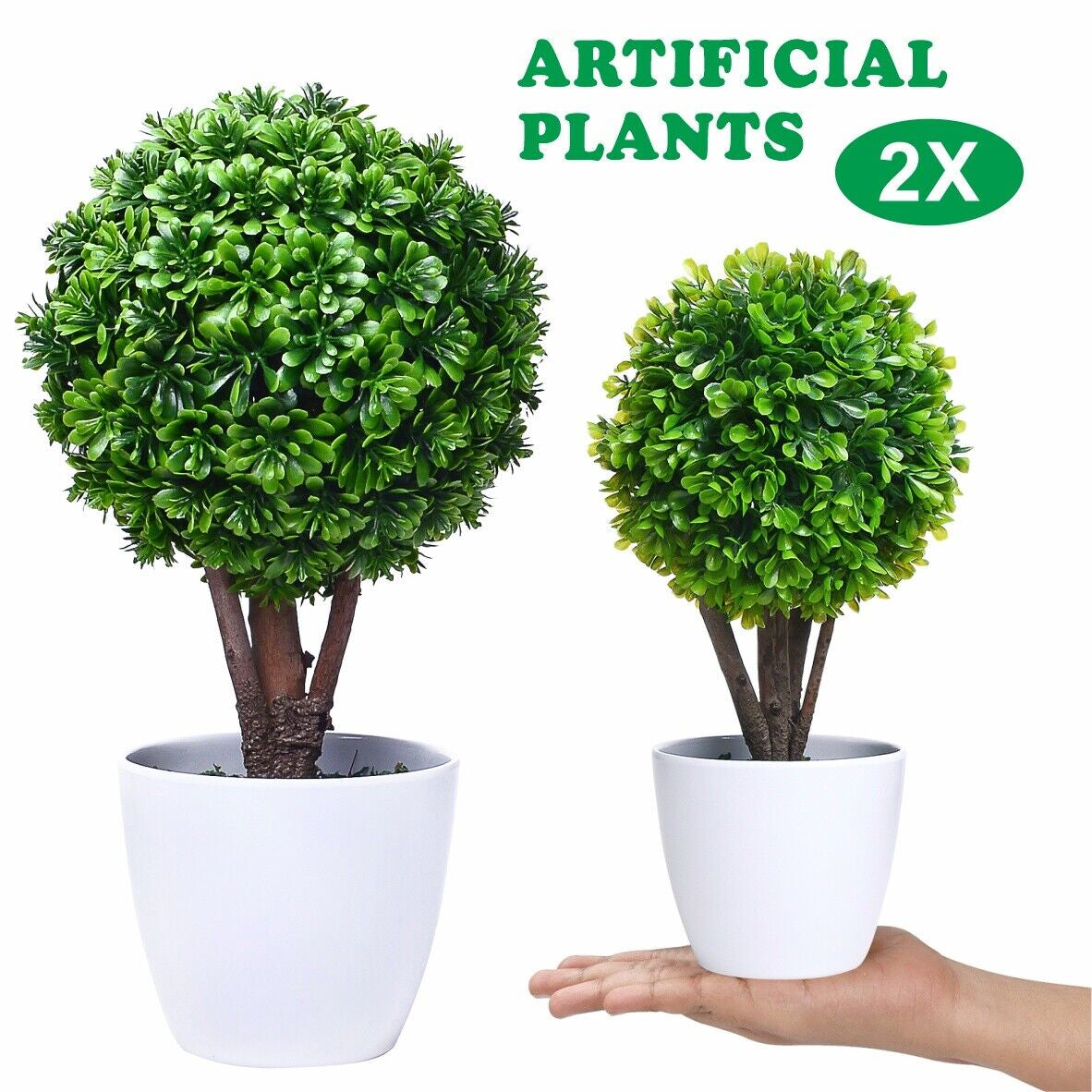 2X Fake Topiary Ball Hedging Plant Pots Evergreen Hardy Shrubs 33Cm in 9Cm