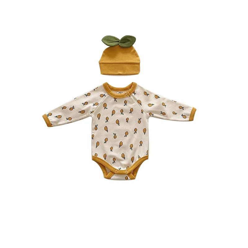 Newborn Baby Clothes Lemon Print Baby Bodysuit Cute Baby Hat Toddler Boys Bodysuit Set Baby Indoor Clothes