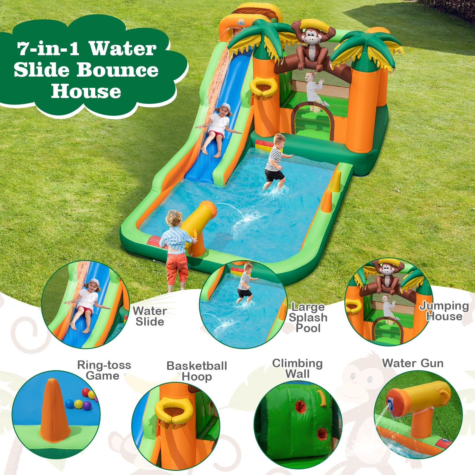 6-In-1 Monkey Themed Inflatable Water Slide Park with Slide and Splash Pool without Blower