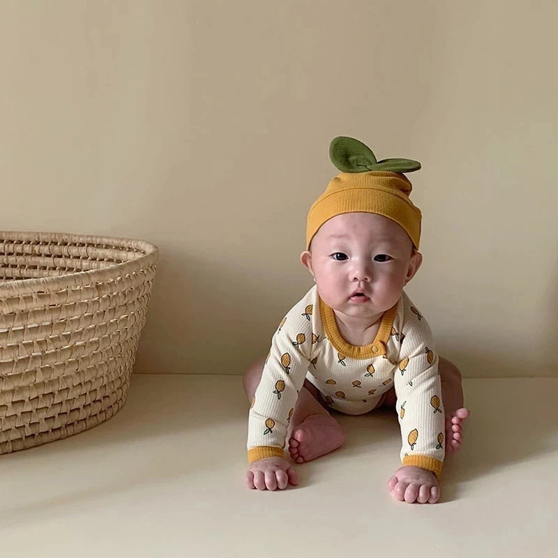 Newborn Baby Clothes Lemon Print Baby Bodysuit Cute Baby Hat Toddler Boys Bodysuit Set Baby Indoor Clothes