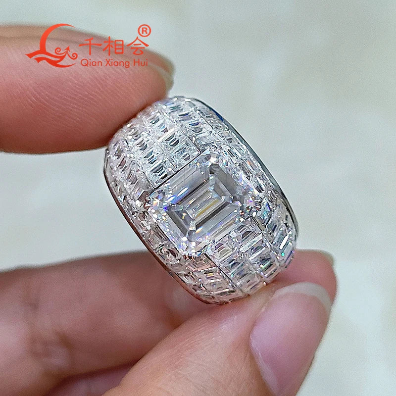 10K 14K 18K Real White Gold Borderless Tessellation Rectangle Invisible Setting Full Moissanite Ring Men Women Male Wedding