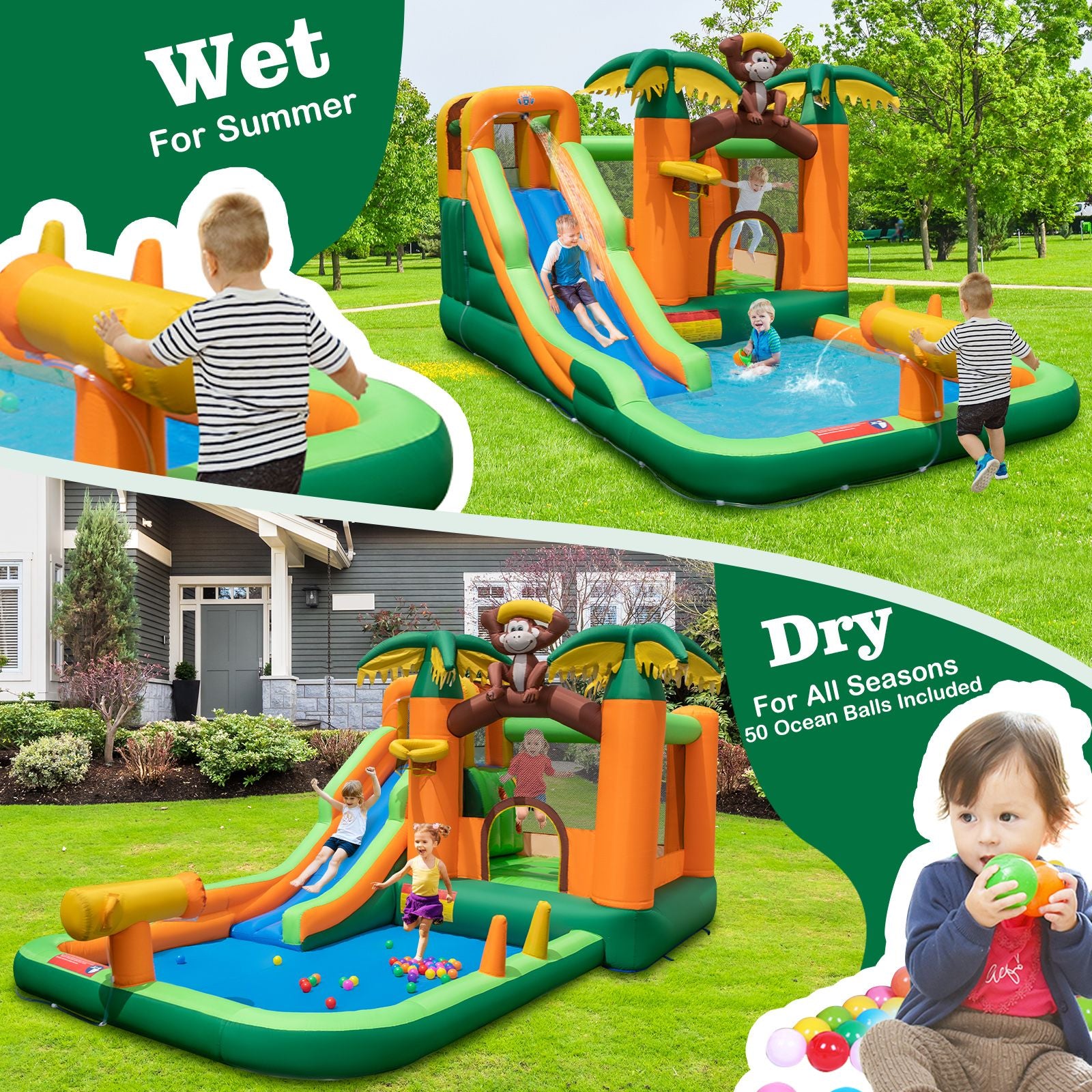 6-In-1 Monkey Themed Inflatable Water Slide Park with Slide and Splash Pool without Blower