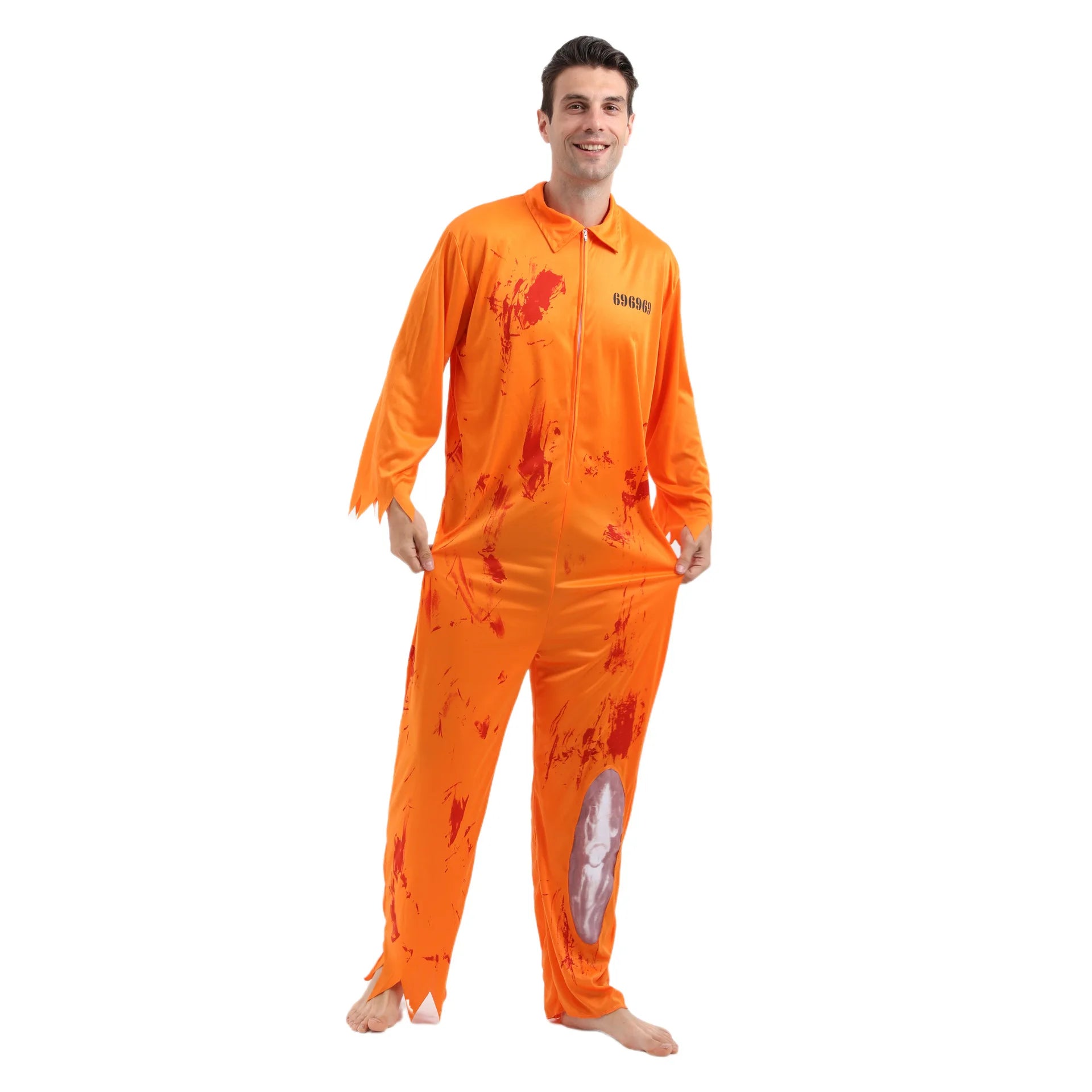 Adult Zombie Prisoner Costume Men Bloody Dead Convict Scary Halloween Costume Yellow Jumpsuit Fancy Dress Outfit