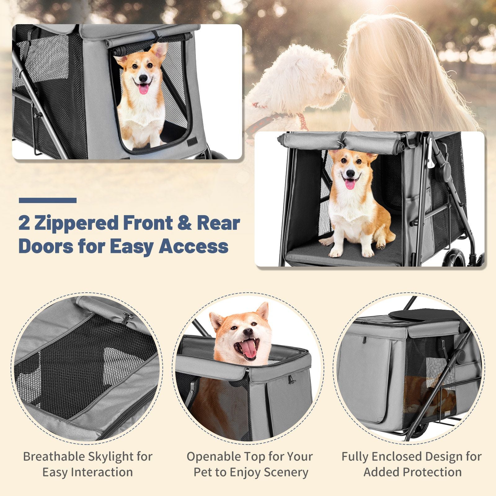 Folding Pet Stroller with Pockets and Skylight for Small Medium Pets