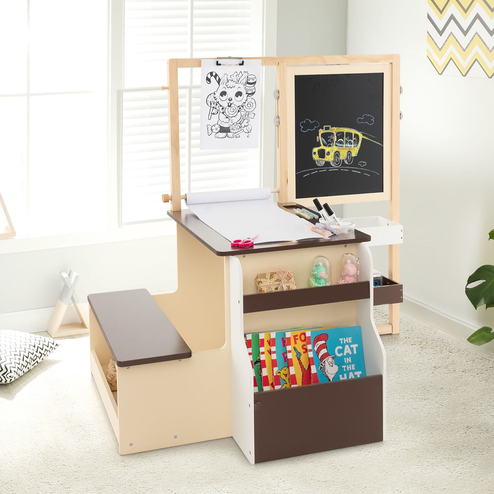 Kids Art Easel Table and Bench Set with Adjustable Easel and Bookshelf