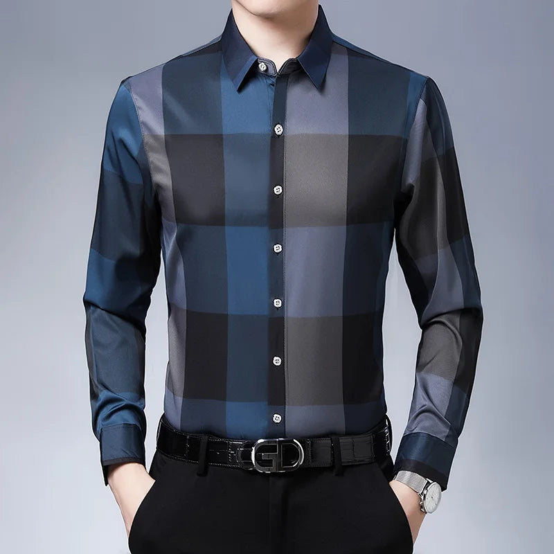 2022 Brand Designer Plaid Mens Shirts for Men Clothing Korean Fashion Long Sleeve Shirt Luxury Dress Casual Clothes Jersey 23603