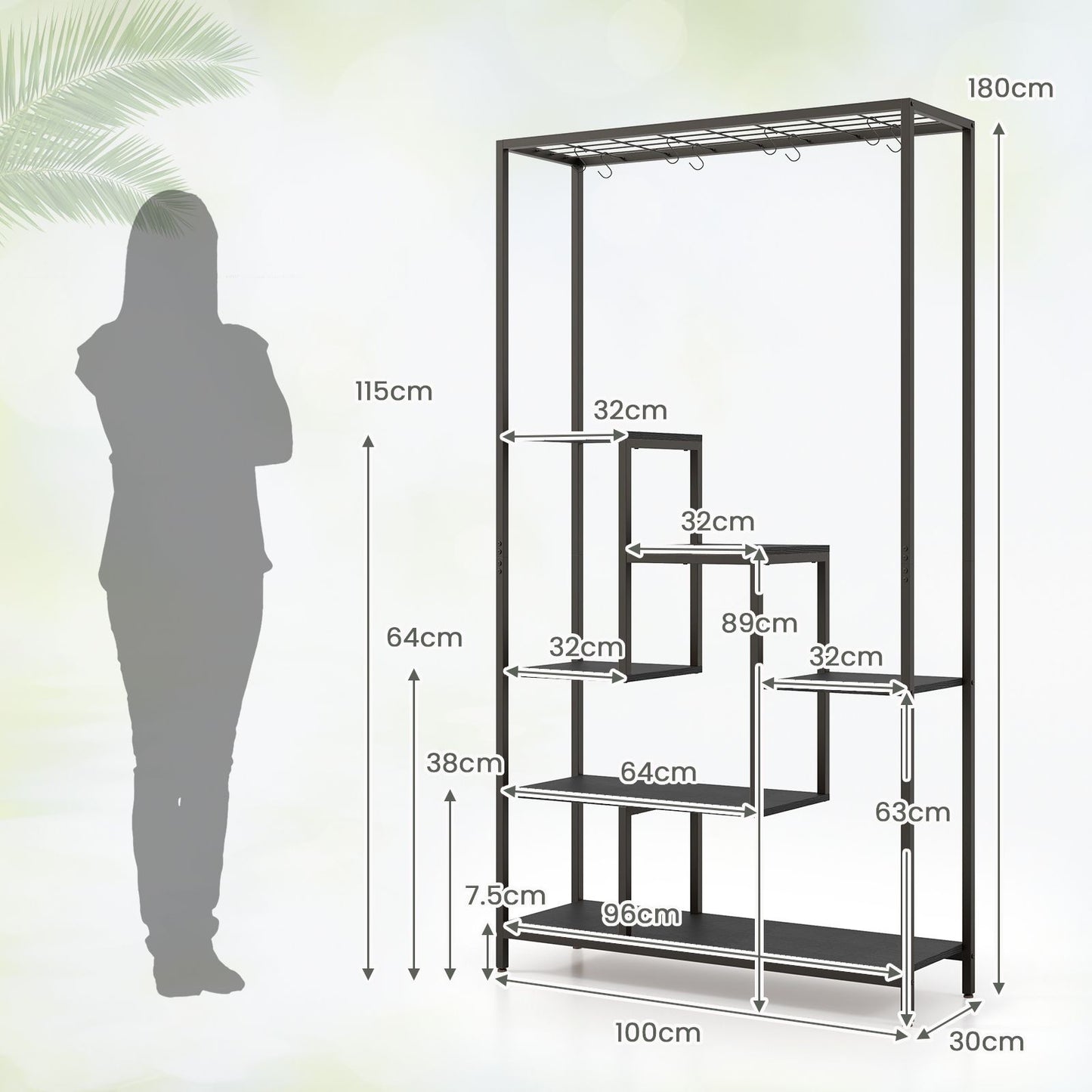 6-Tier Tall Plant Stand with 10 Hanging Hooks and Wire Shelf for Multiple Plants