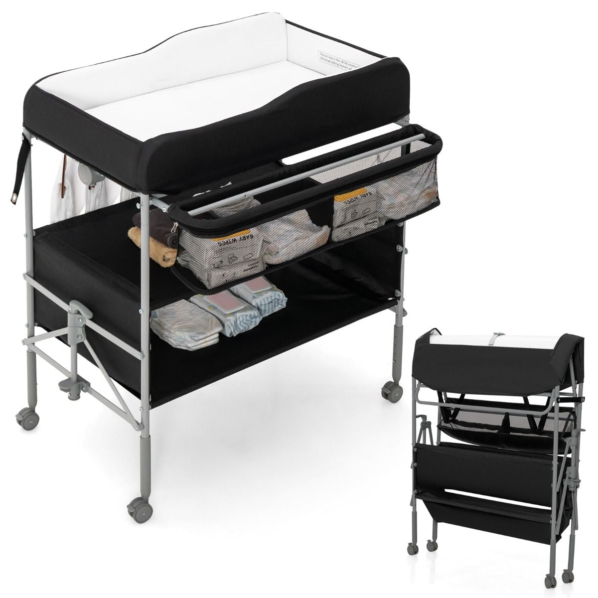 Folding Nursery Changing Table with Lockable Wheels and Storage Basket