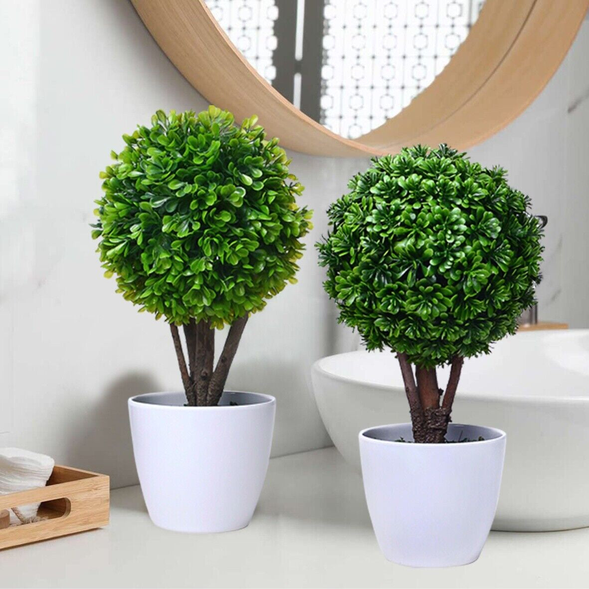 2X Fake Topiary Ball Hedging Plant Pots Evergreen Hardy Shrubs 33Cm in 9Cm