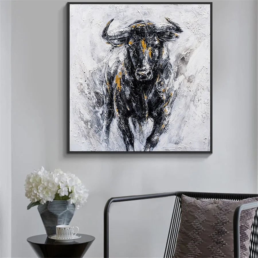 100% Hand Painted Bullfighting Canvas Oil Painting Black Strong Bull Wall Art Modern Abstract Paintings Pop Art Picture Office