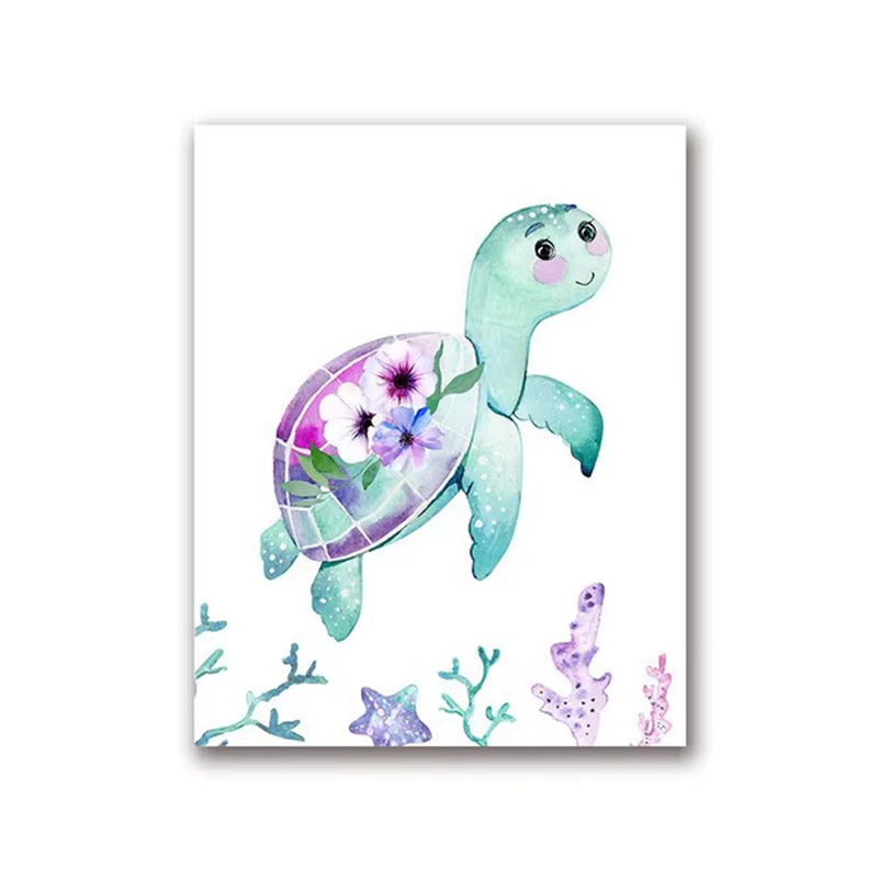 Mermaid Canvas Posters Nursery Wall Art Print Watercolor Sea Animals Starfish Turtle Octopus Painting Girls Room Wall Art Decor