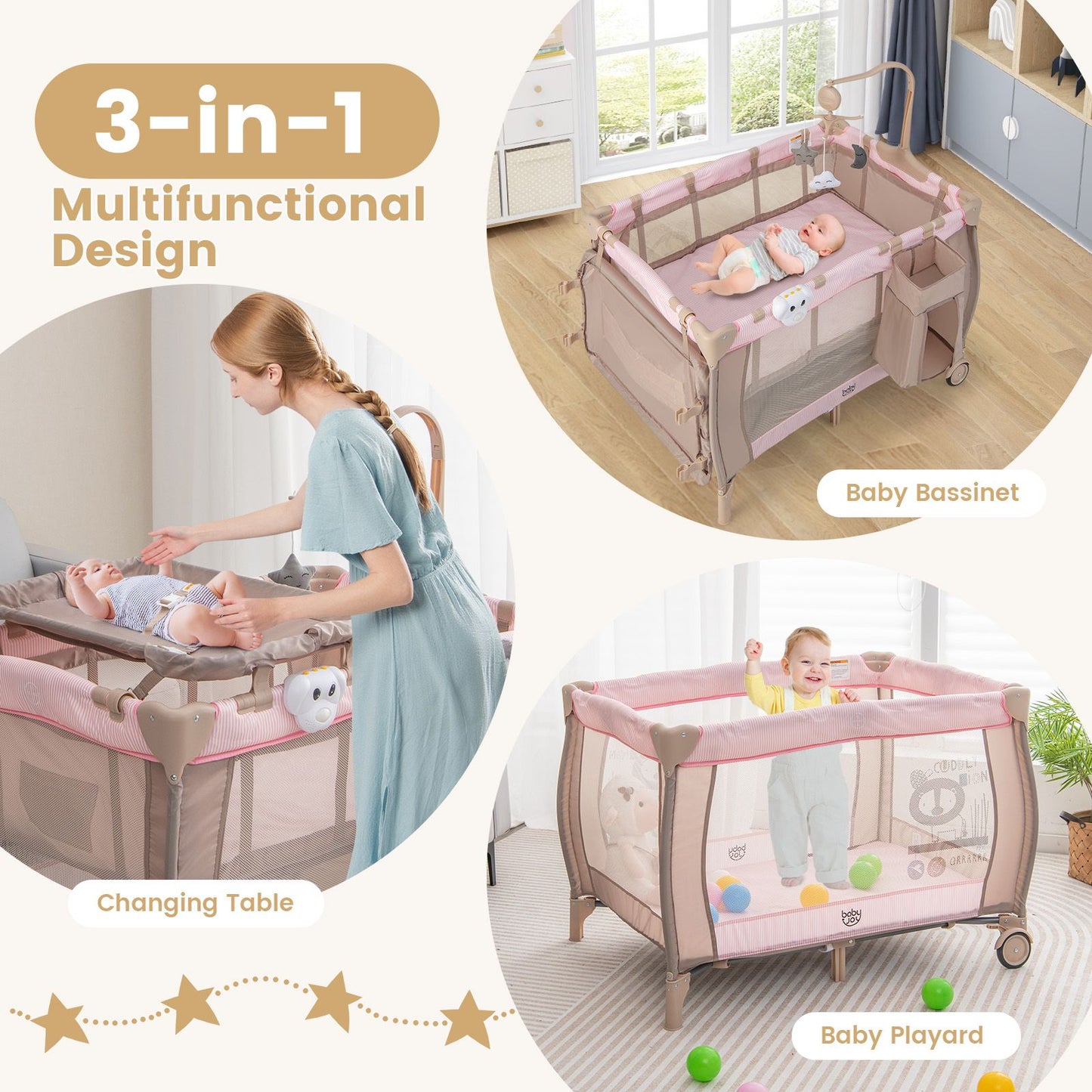 3-In-1 Multifunctional Foldable Baby Bassinet with Carry Bag and Wheels