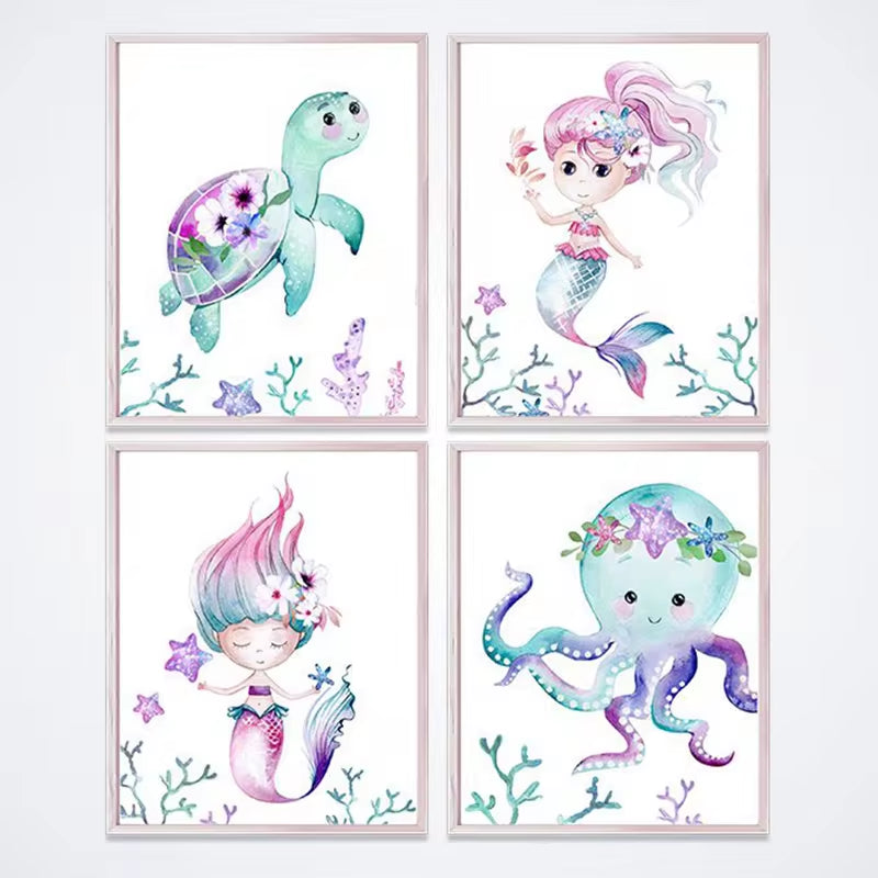 Mermaid Canvas Posters Nursery Wall Art Print Watercolor Sea Animals Starfish Turtle Octopus Painting Girls Room Wall Art Decor