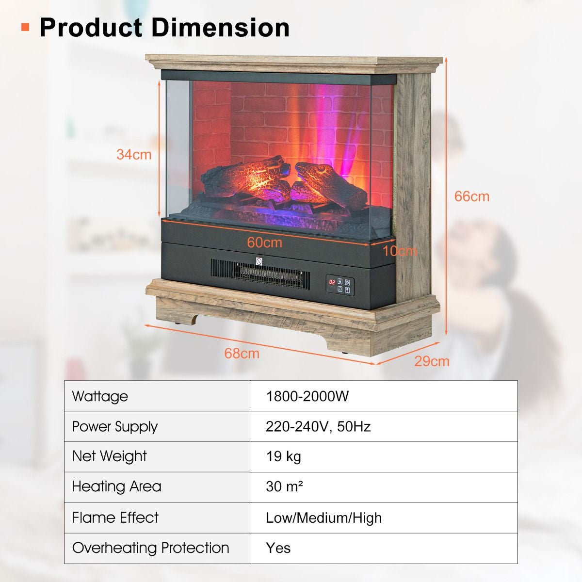 2000W Electric Fireplace Heater with 3-Level Vivid Flame