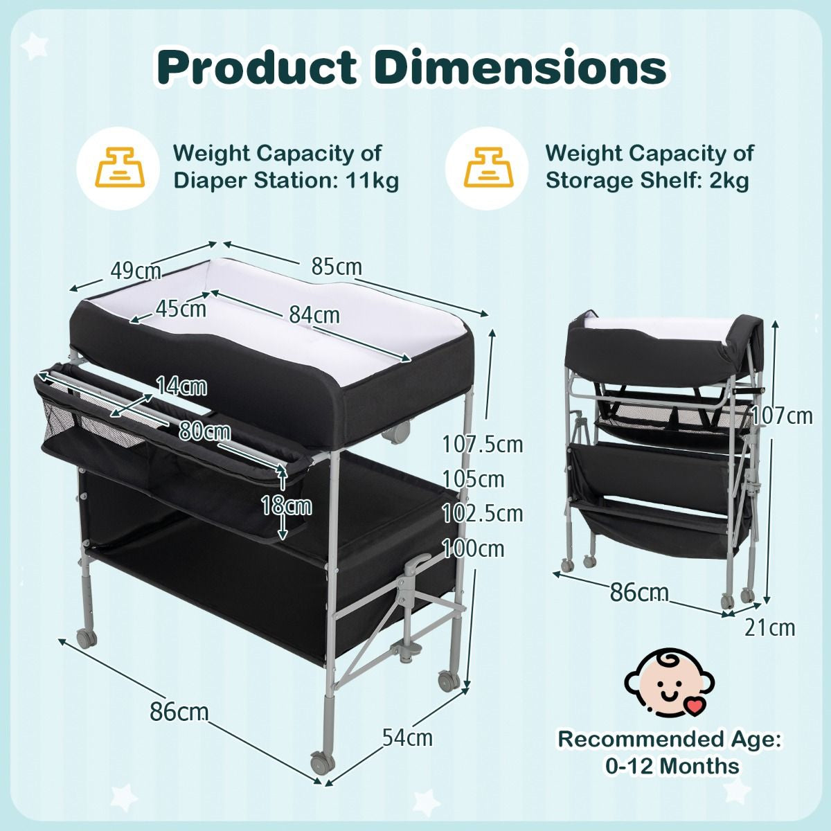 Folding Nursery Changing Table with Lockable Wheels and Storage Basket