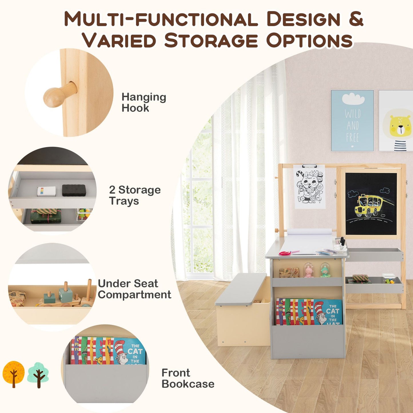 Kids Art Easel Table and Bench Set with Adjustable Easel and Bookshelf