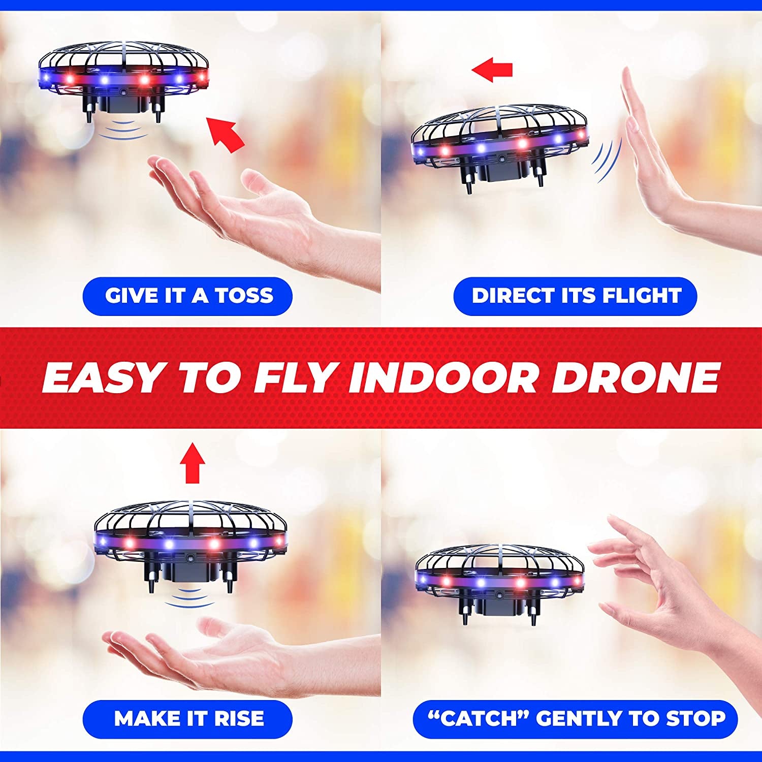 Scoot LED Hand Operated Drone for Kids or Adults - Hands Free Motion Sensor Mini Drone, Easy Indoor Small UFO Toy Flying Ball Drone Toy for Boys and Girls (Red/Blue)