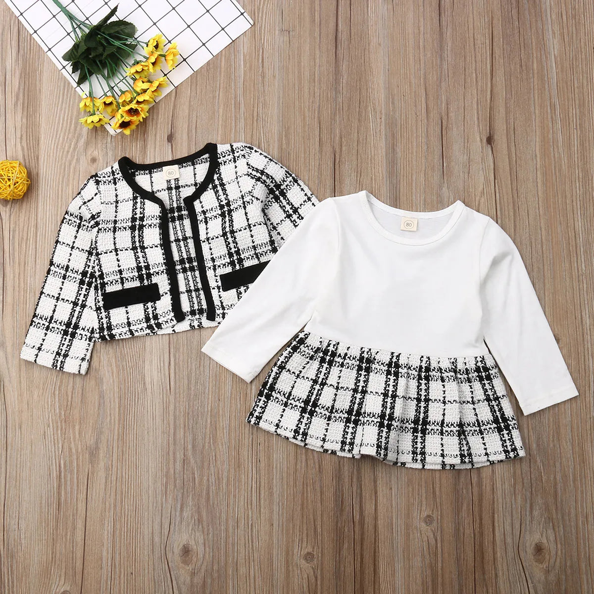 1-7Y Kids Girls Autumn Clothes Sets Baby Plaid Jacket Coat Tops + Long Sleeve A-Line Dress Children Party Dresses Outfits