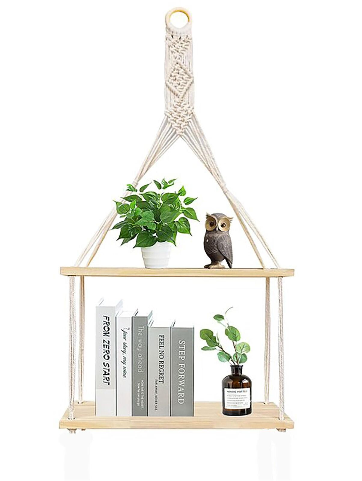 Wooden Floating 2 Tier 30X10X72Cm Hanging Shelf Macrame Rope Storage Wall