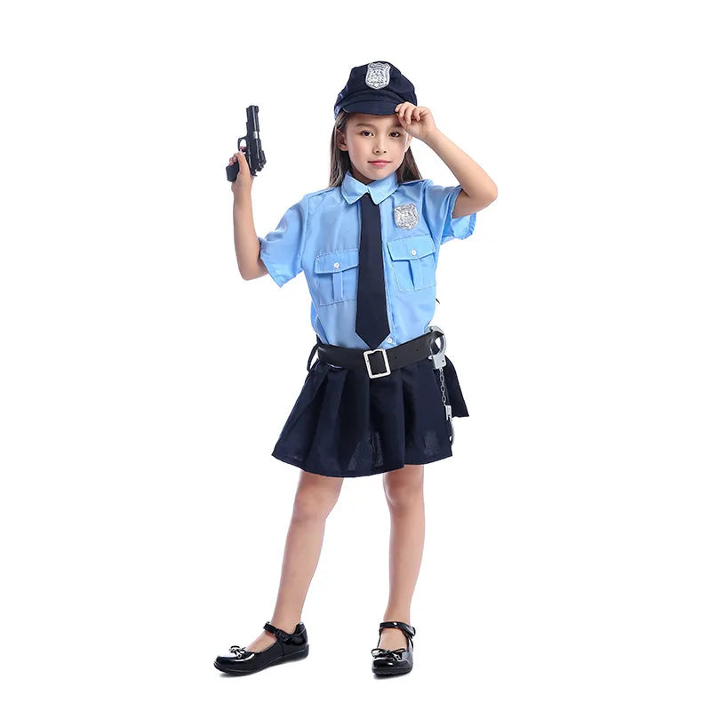 Girls Halloween Cop Police Officer Costume Kids Child Role-Playing Cosplay Policeman Uniform Party Fancy Dress