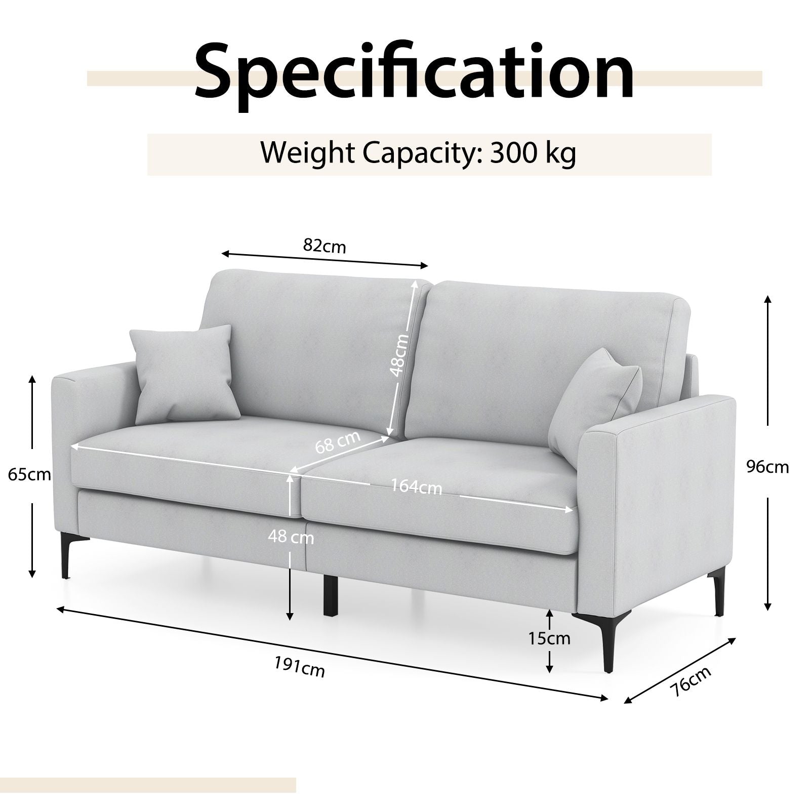 191Cm Wide Upholstered Loveseat Sofa with Armrest and Pillows