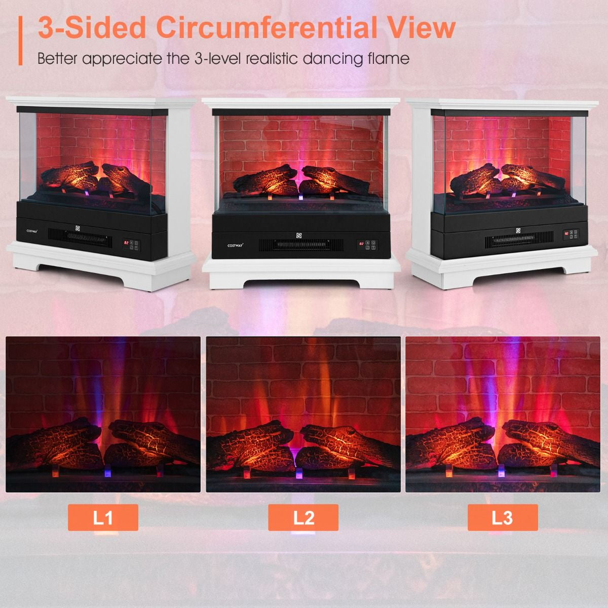 2000W Electric Fireplace Heater with 3-Level Vivid Flame