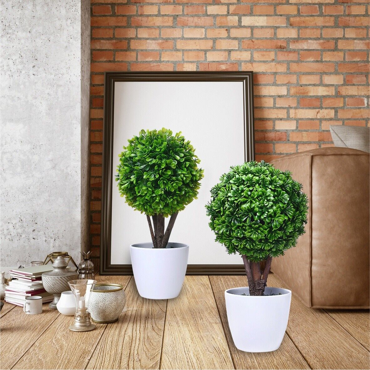 2X Fake Topiary Ball Hedging Plant Pots Evergreen Hardy Shrubs 33Cm in 9Cm