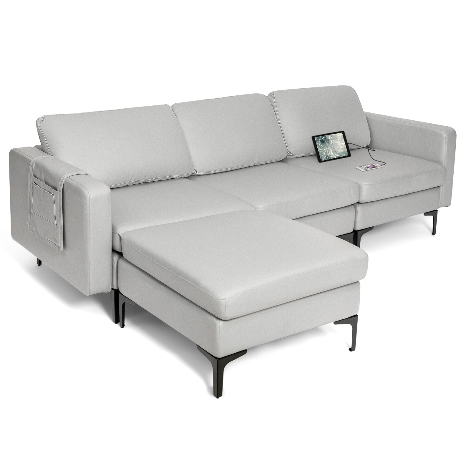 Modular L-Shaped Sofa with Chaise, Reversible Ottoman, Built-In Socket