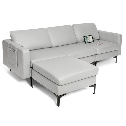 Modular L-Shaped Sofa with Chaise, Reversible Ottoman, Built-In Socket