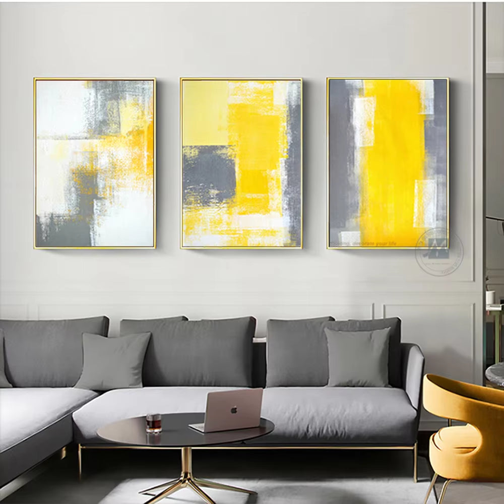 Canvas Pictures for Living Room Handmade Decorative Wall Art Painting Bright Yellow Grey Wall Art Decor Paintings 3 Panel Art