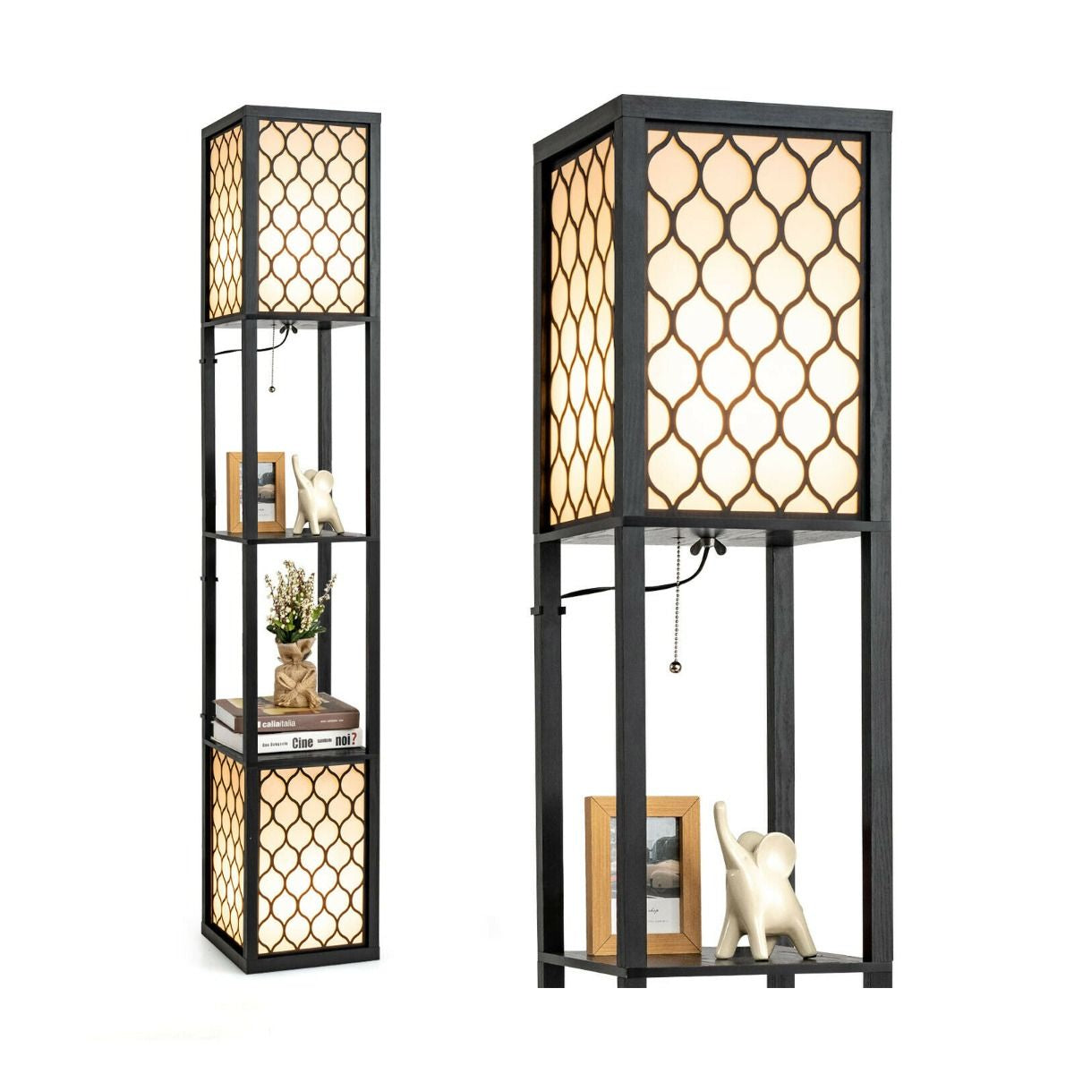 Double Floor Lamp with 2 Tier Storage Shelves and Foot Switch