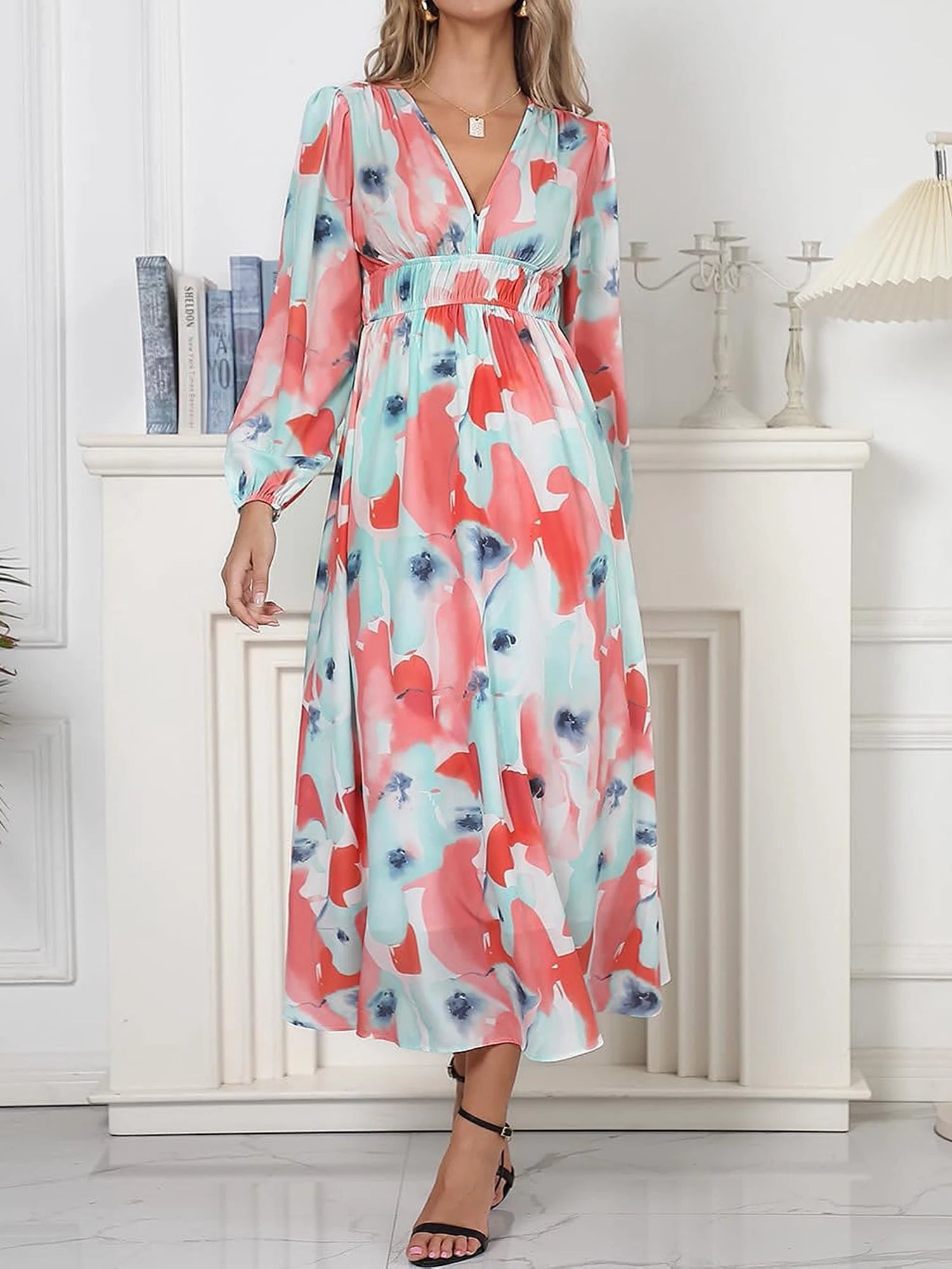 Floral Print Dress Women Long Sleeve Maxi Dress Female Elegant V-Neck Dresses Casual Loose Robe