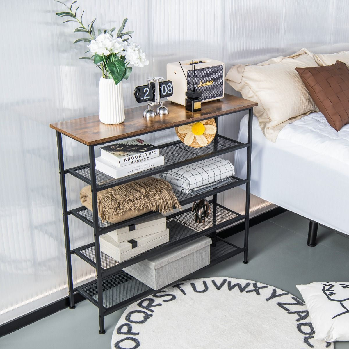 5-Tier Shoe Storage Rack with Metal Mesh Shelves and Wooden Top