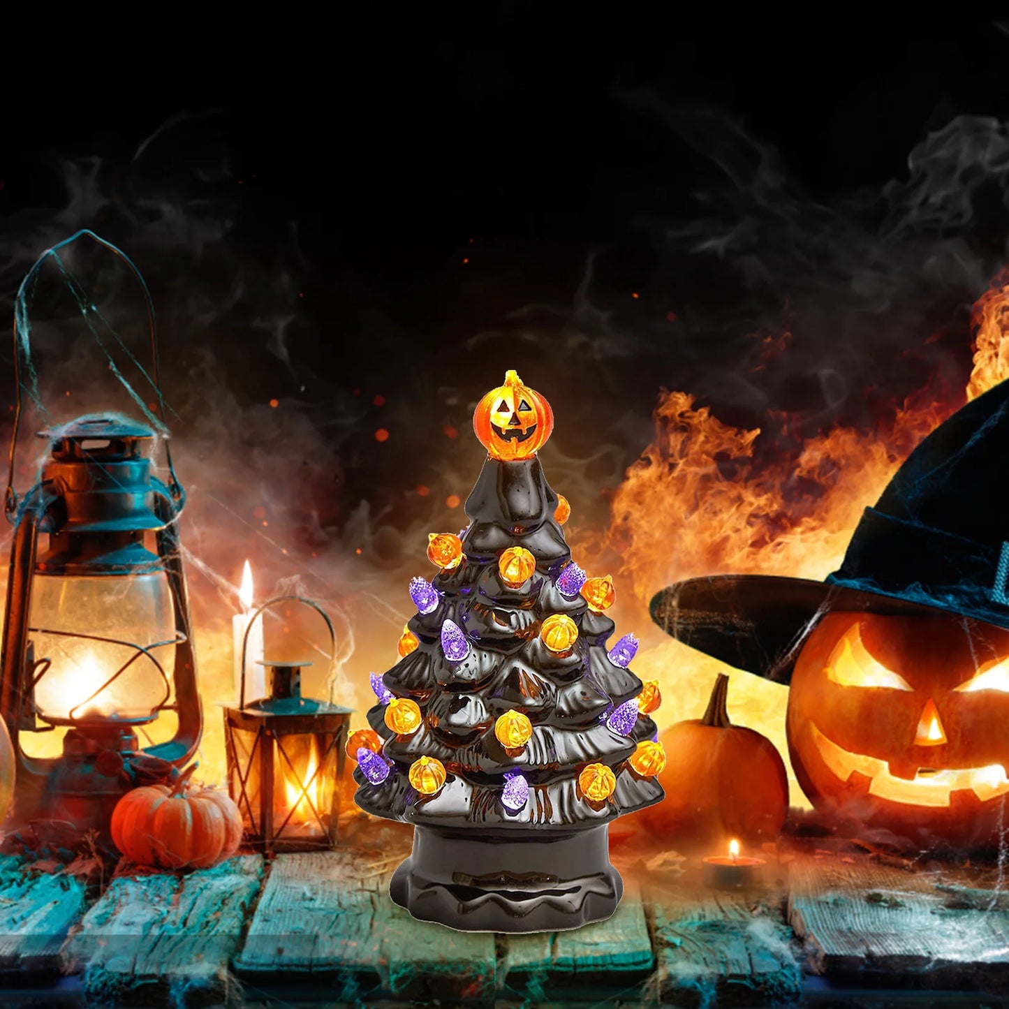 Halloween LED Tree Table Centerpiece Halloween Decor Ceramic Tree Christmas Tree Pumpkin Lighted Halloween Decorations