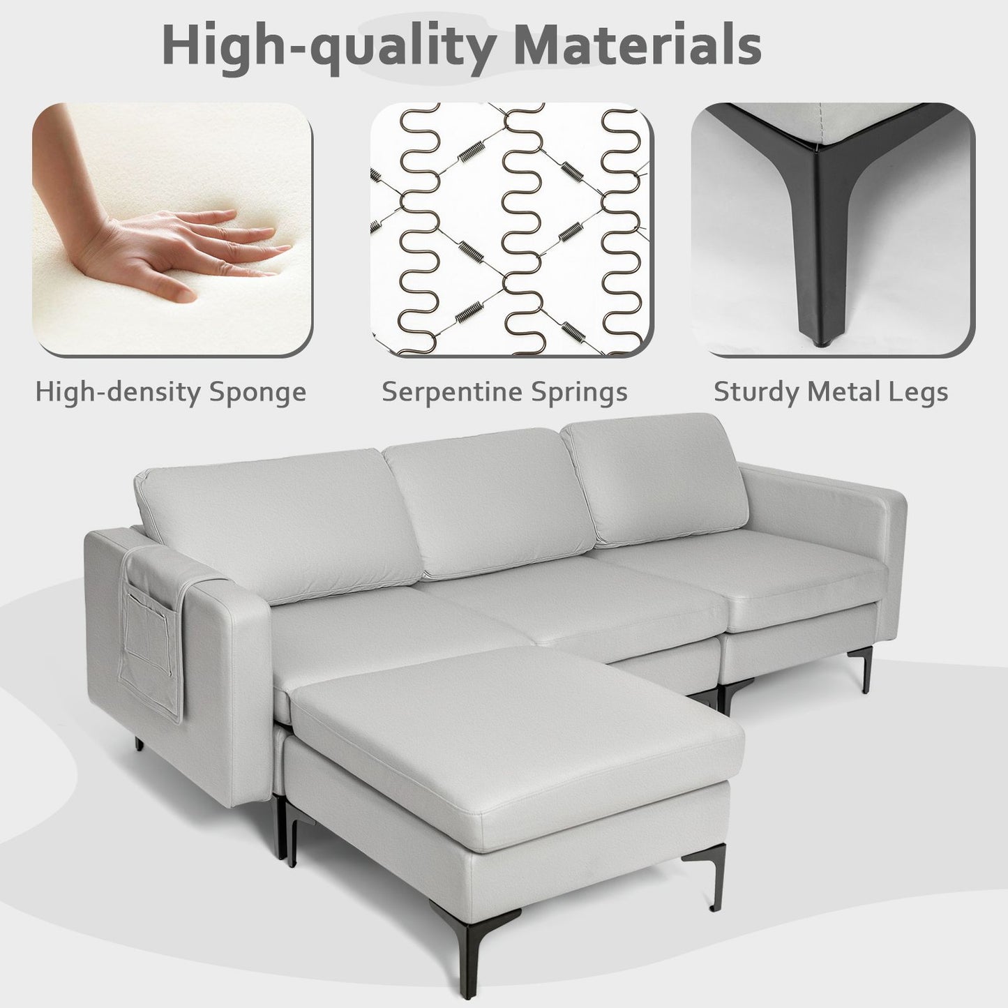 Modular L-Shaped Sofa with Chaise, Reversible Ottoman, Built-In Socket