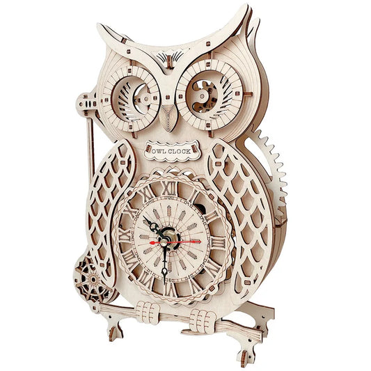 3D DIY Wooden Puzzle Jigsaw Owl Pendulum Vintage Clock Model Block Kits Creative Assembled Toy Gift for Adults Children Teens