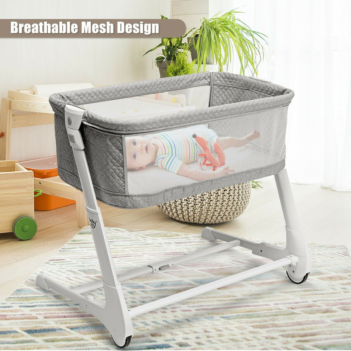 Baby Bedside Cot with Washable Mattress and Breathable Mesh