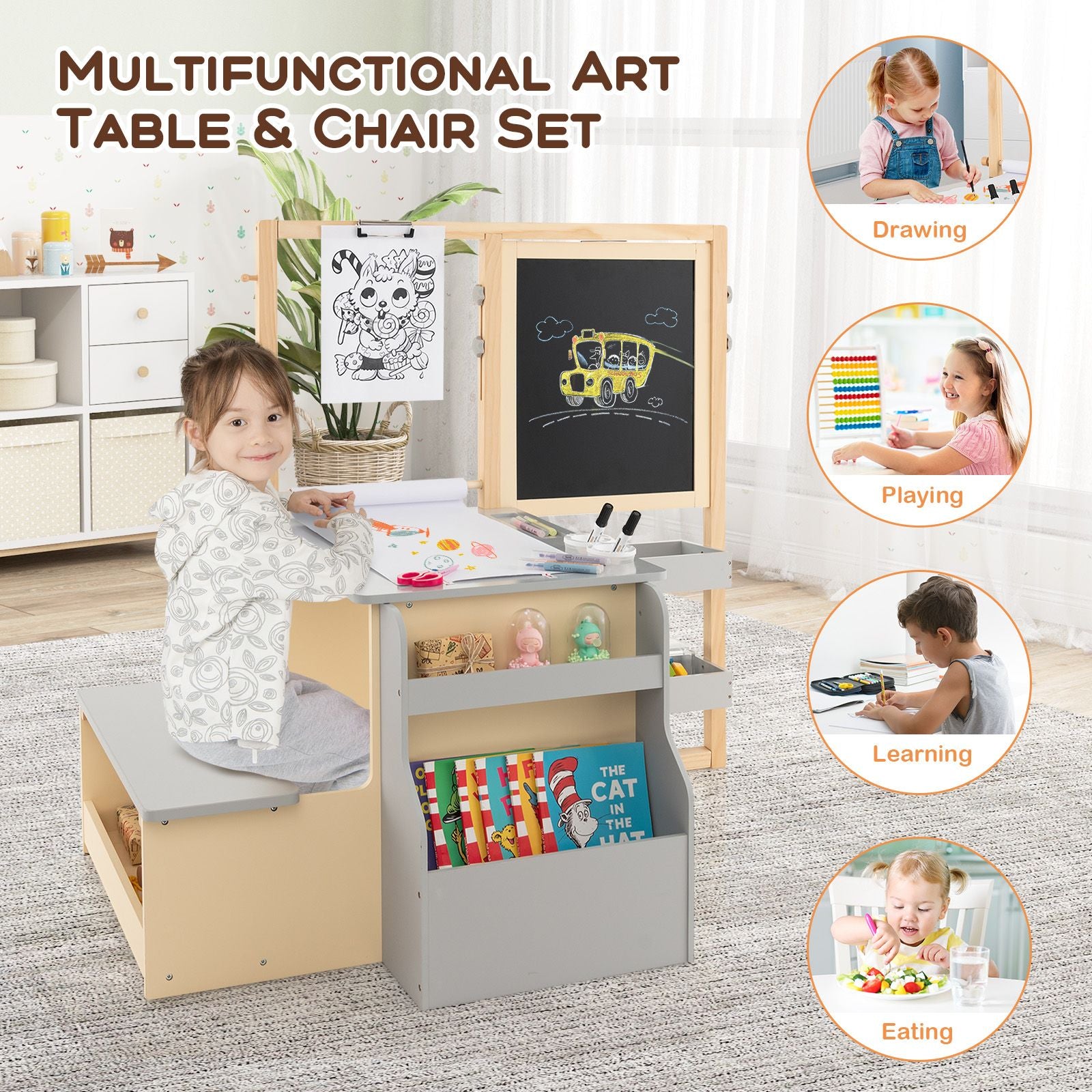 Kids Art Easel Table and Bench Set with Adjustable Easel and Bookshelf