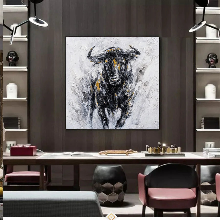 100% Hand Painted Bullfighting Canvas Oil Painting Black Strong Bull Wall Art Modern Abstract Paintings Pop Art Picture Office