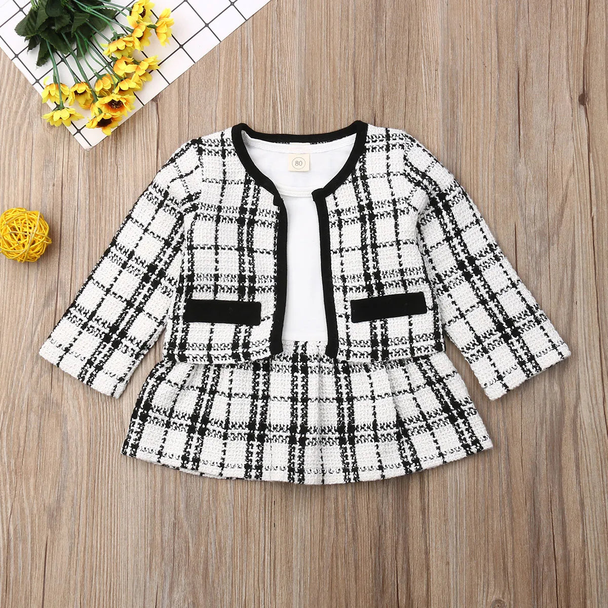 1-7Y Kids Girls Autumn Clothes Sets Baby Plaid Jacket Coat Tops + Long Sleeve A-Line Dress Children Party Dresses Outfits