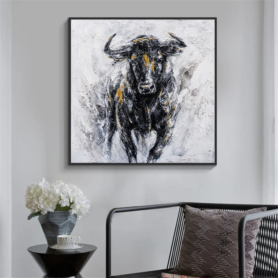 100% Hand Painted Bullfighting Canvas Oil Painting Black Strong Bull Wall Art Modern Abstract Paintings Pop Art Picture Office