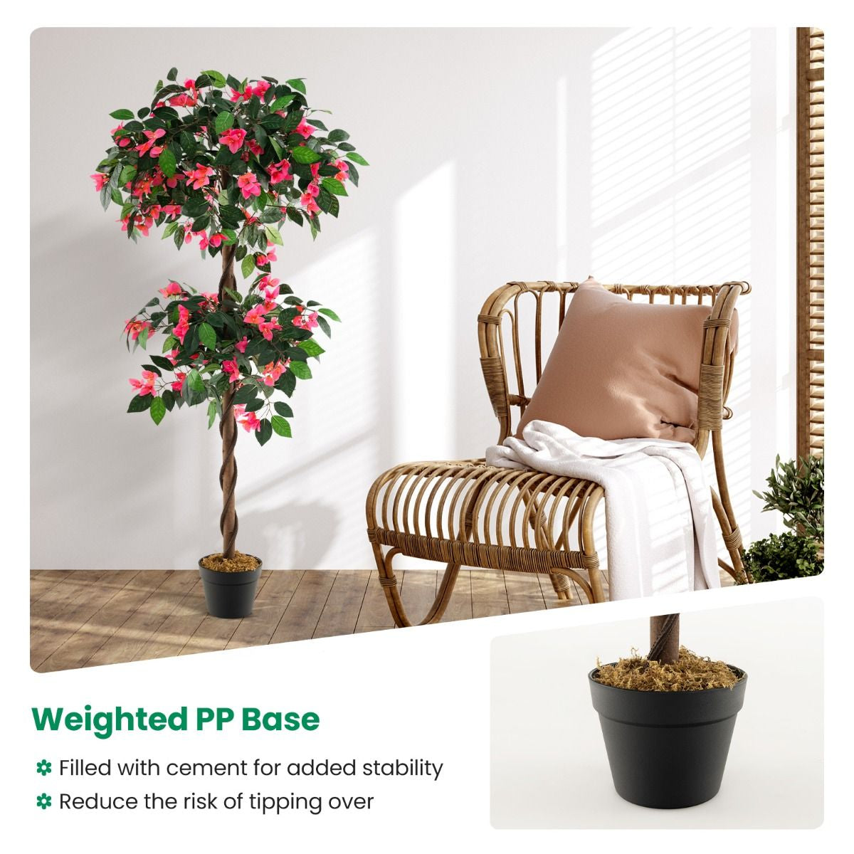 140 CM Artificial Bougainvillea Tree with 252 Flowers and 630 Leaves and Real Wood Trunk