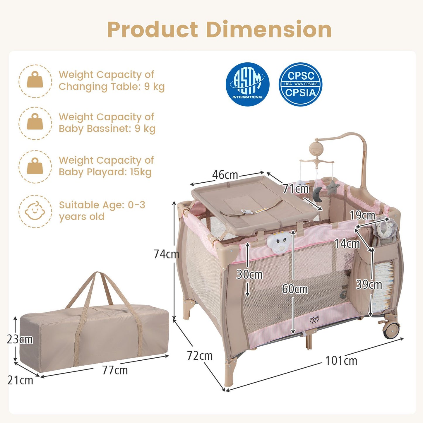 3-In-1 Multifunctional Foldable Baby Bassinet with Carry Bag and Wheels