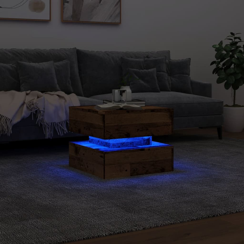 vidaXL Coffee Table with LED Lights Old Wood 50x50x40 cm